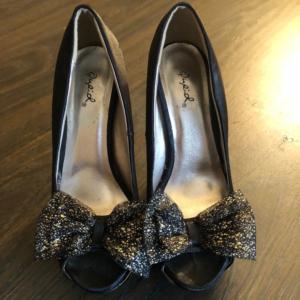 Qupid Black & Gold Bow Leather Stiletto Peep Toes